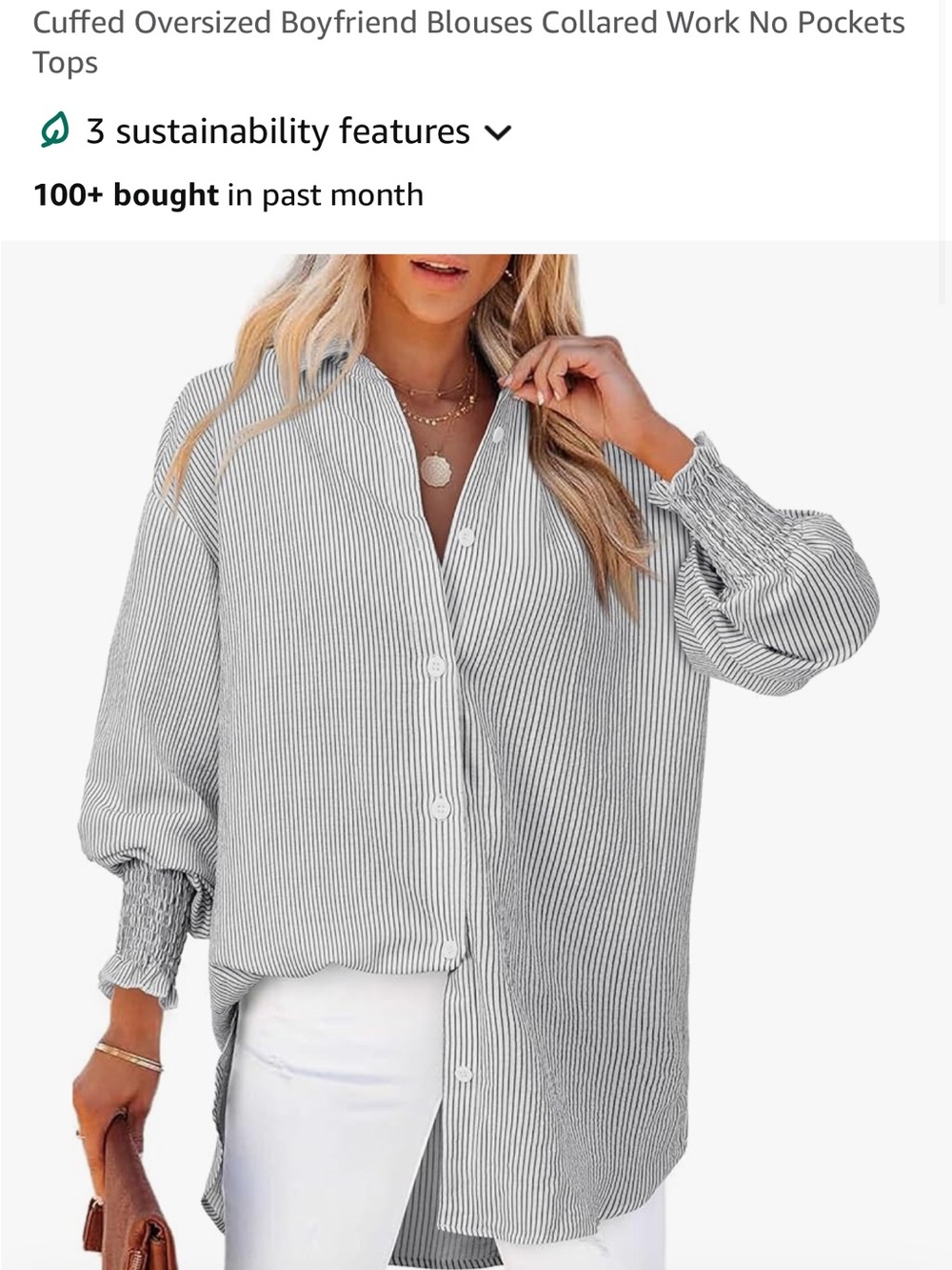 Cuffed Oversized Boyfriend Button-Down Blouse - Gray Stripe